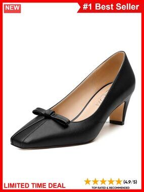 Women's Square Toe Block Heel Pumps with Bow Accent - Mid Heel Dress Shoes